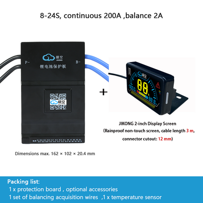 JIKONG BMS with active balancing and Bluetooth, for LiFePO4 / ternary lithium batteries, photovoltaic energy storage power, and parking applications.