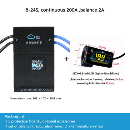 JIKONG BMS with active balancing and Bluetooth, for LiFePO4 / ternary lithium batteries, photovoltaic energy storage power, and parking applications.