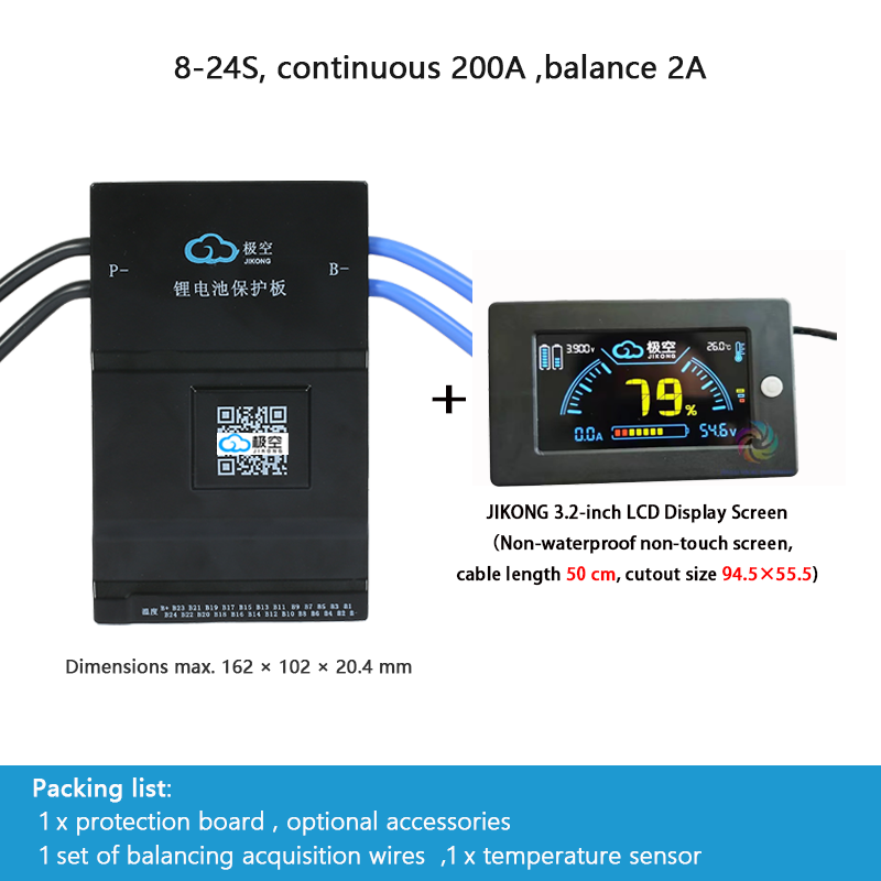 JIKONG BMS with active balancing and Bluetooth, for LiFePO4 / ternary lithium batteries, photovoltaic energy storage power, and parking applications.
