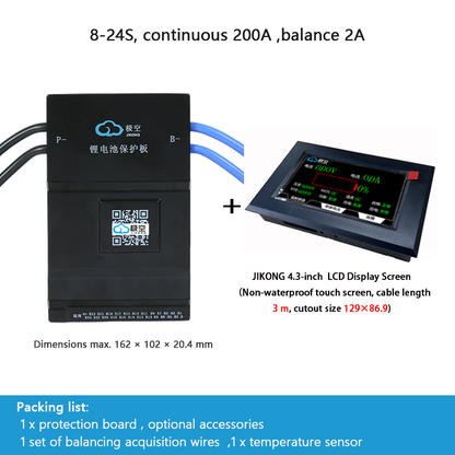 JIKONG BMS with active balancing and Bluetooth, for LiFePO4 / ternary lithium batteries, photovoltaic energy storage power, and parking applications.