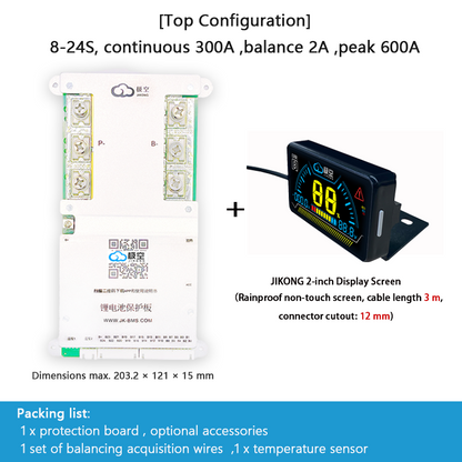 JIKONG BMS with active balancing and Bluetooth, for LiFePO4 / ternary lithium batteries, photovoltaic energy storage power, and parking applications.