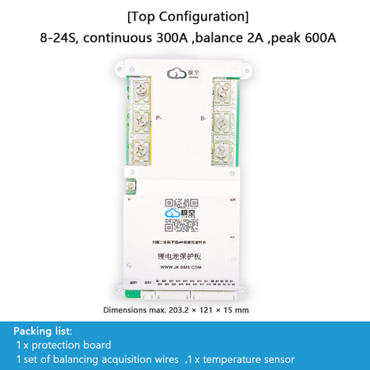 JIKONG BMS with active balancing and Bluetooth, for LiFePO4 / ternary lithium batteries, photovoltaic energy storage power, and parking applications.