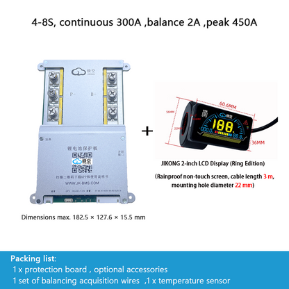 JIKONG BMS with active balancing and Bluetooth, for LiFePO4 / ternary lithium batteries, photovoltaic energy storage power, and parking applications.