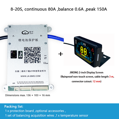 JIKONG BMS with active balancing and Bluetooth, for LiFePO4 / ternary lithium batteries, photovoltaic energy storage power, and parking applications.