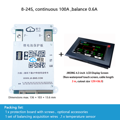 JIKONG BMS with active balancing and Bluetooth, for LiFePO4 / ternary lithium batteries, photovoltaic energy storage power, and parking applications.