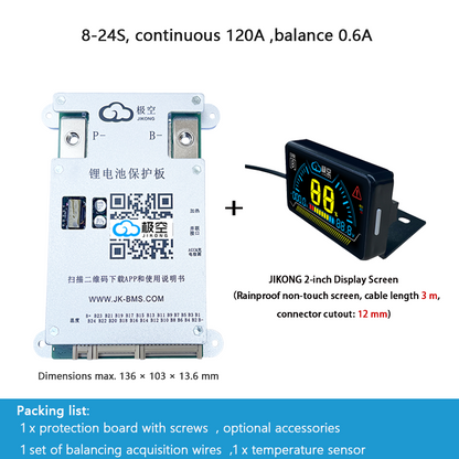 JIKONG BMS with active balancing and Bluetooth, for LiFePO4 / ternary lithium batteries, photovoltaic energy storage power, and parking applications.