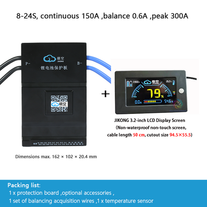 JIKONG BMS with active balancing and Bluetooth, for LiFePO4 / ternary lithium batteries, photovoltaic energy storage power, and parking applications.