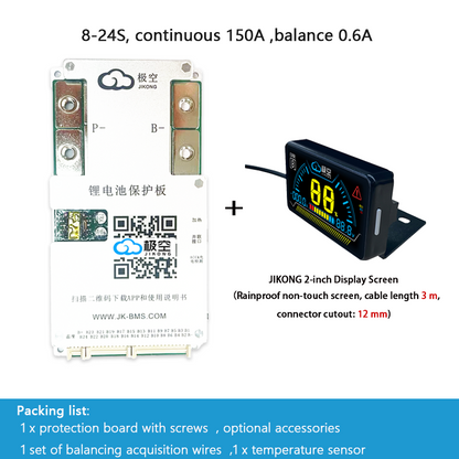 JIKONG BMS with active balancing and Bluetooth, for LiFePO4 / ternary lithium batteries, photovoltaic energy storage power, and parking applications.