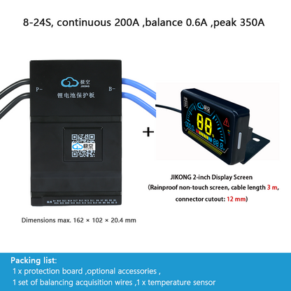 JIKONG BMS with active balancing and Bluetooth, for LiFePO4 / ternary lithium batteries, photovoltaic energy storage power, and parking applications.