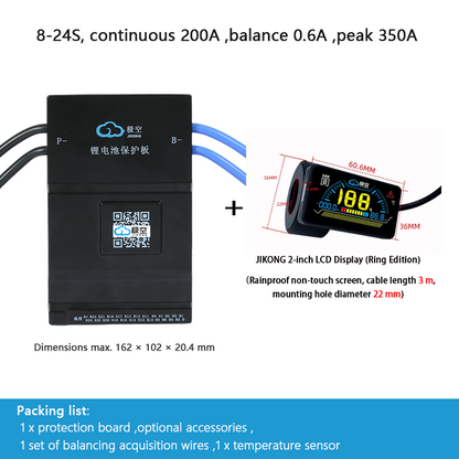 JIKONG BMS with active balancing and Bluetooth, for LiFePO4 / ternary lithium batteries, photovoltaic energy storage power, and parking applications.
