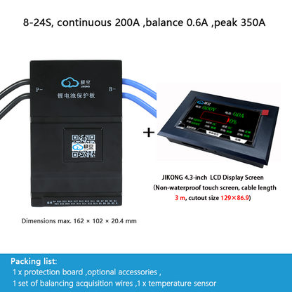 JIKONG BMS with active balancing and Bluetooth, for LiFePO4 / ternary lithium batteries, photovoltaic energy storage power, and parking applications.