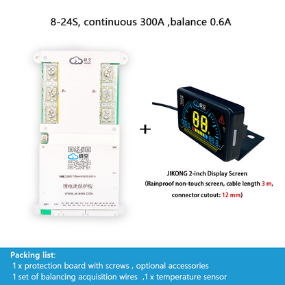 JIKONG BMS with active balancing and Bluetooth, for LiFePO4 / ternary lithium batteries, photovoltaic energy storage power, and parking applications.