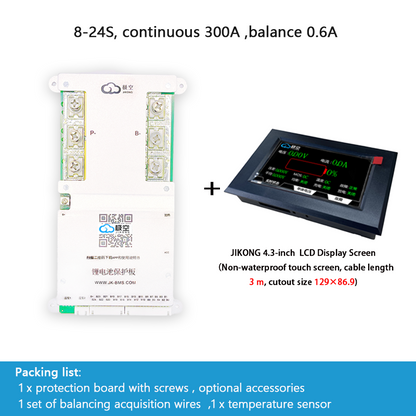 JIKONG BMS with active balancing and Bluetooth, for LiFePO4 / ternary lithium batteries, photovoltaic energy storage power, and parking applications.