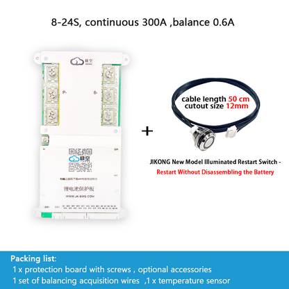JIKONG BMS with active balancing and Bluetooth, for LiFePO4 / ternary lithium batteries, photovoltaic energy storage power, and parking applications.