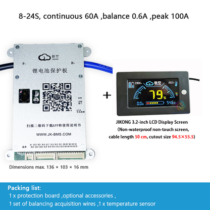 JIKONG BMS with active balancing and Bluetooth, for LiFePO4 / ternary lithium batteries, photovoltaic energy storage power, and parking applications.