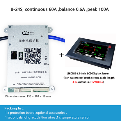 JIKONG BMS with active balancing and Bluetooth, for LiFePO4 / ternary lithium batteries, photovoltaic energy storage power, and parking applications.