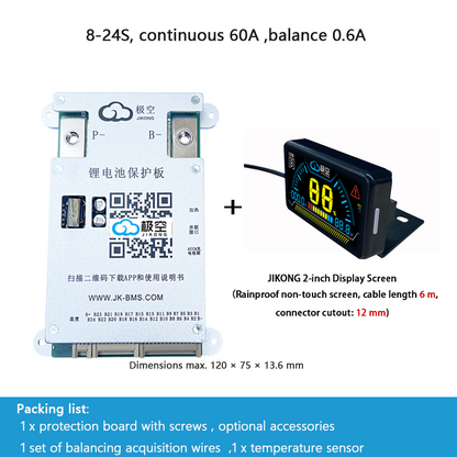 JIKONG BMS with active balancing and Bluetooth, for LiFePO4 / ternary lithium batteries, photovoltaic energy storage power, and parking applications.