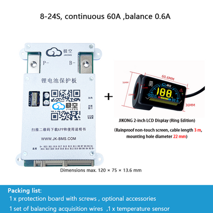 JIKONG BMS with active balancing and Bluetooth, for LiFePO4 / ternary lithium batteries, photovoltaic energy storage power, and parking applications.