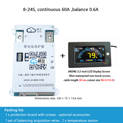 JIKONG BMS with active balancing and Bluetooth, for LiFePO4 / ternary lithium batteries, photovoltaic energy storage power, and parking applications.