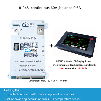 JIKONG BMS with active balancing and Bluetooth, for LiFePO4 / ternary lithium batteries, photovoltaic energy storage power, and parking applications.