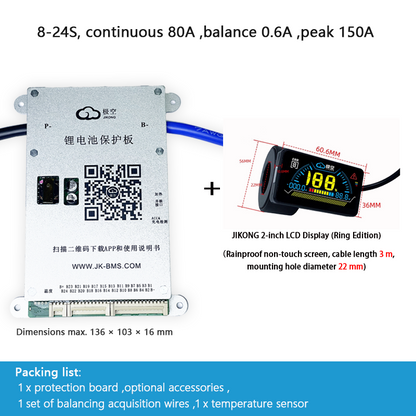 JIKONG BMS with active balancing and Bluetooth, for LiFePO4 / ternary lithium batteries, photovoltaic energy storage power, and parking applications.