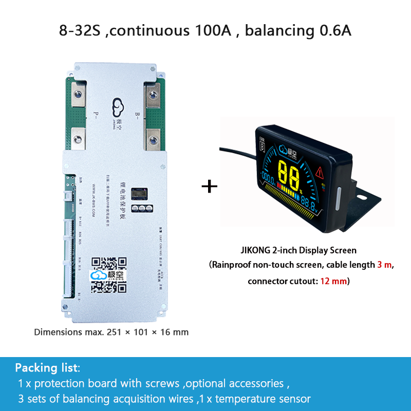 JIKONG BMS with active balancing and Bluetooth, for LiFePO4 / ternary lithium batteries, photovoltaic energy storage power, and parking applications.
