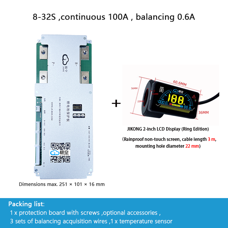 JIKONG BMS with active balancing and Bluetooth, for LiFePO4 / ternary lithium batteries, photovoltaic energy storage power, and parking applications.