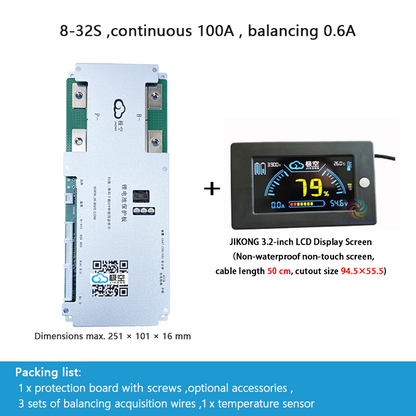 JIKONG BMS with active balancing and Bluetooth, for LiFePO4 / ternary lithium batteries, photovoltaic energy storage power, and parking applications.