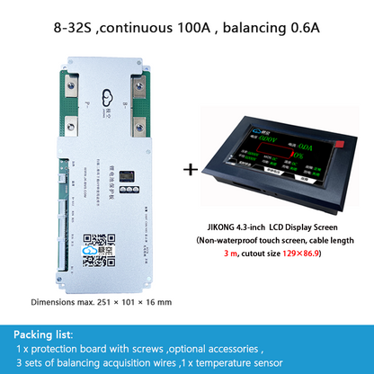 JIKONG BMS with active balancing and Bluetooth, for LiFePO4 / ternary lithium batteries, photovoltaic energy storage power, and parking applications.