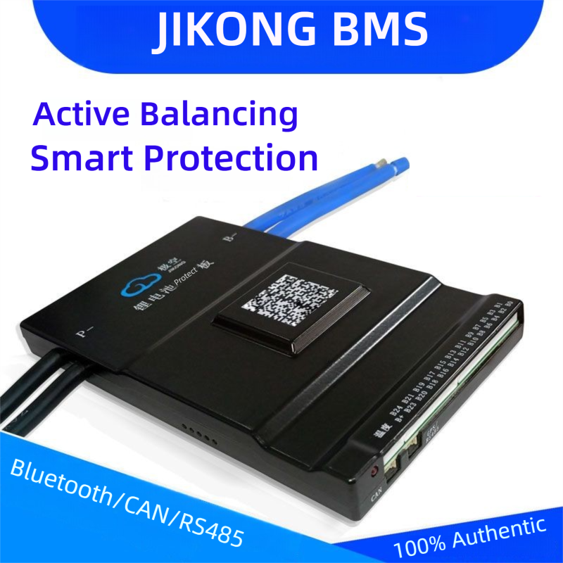 JIKONG BMS with active balancing and Bluetooth, for LiFePO4 / ternary lithium batteries, photovoltaic energy storage power, and parking applications.