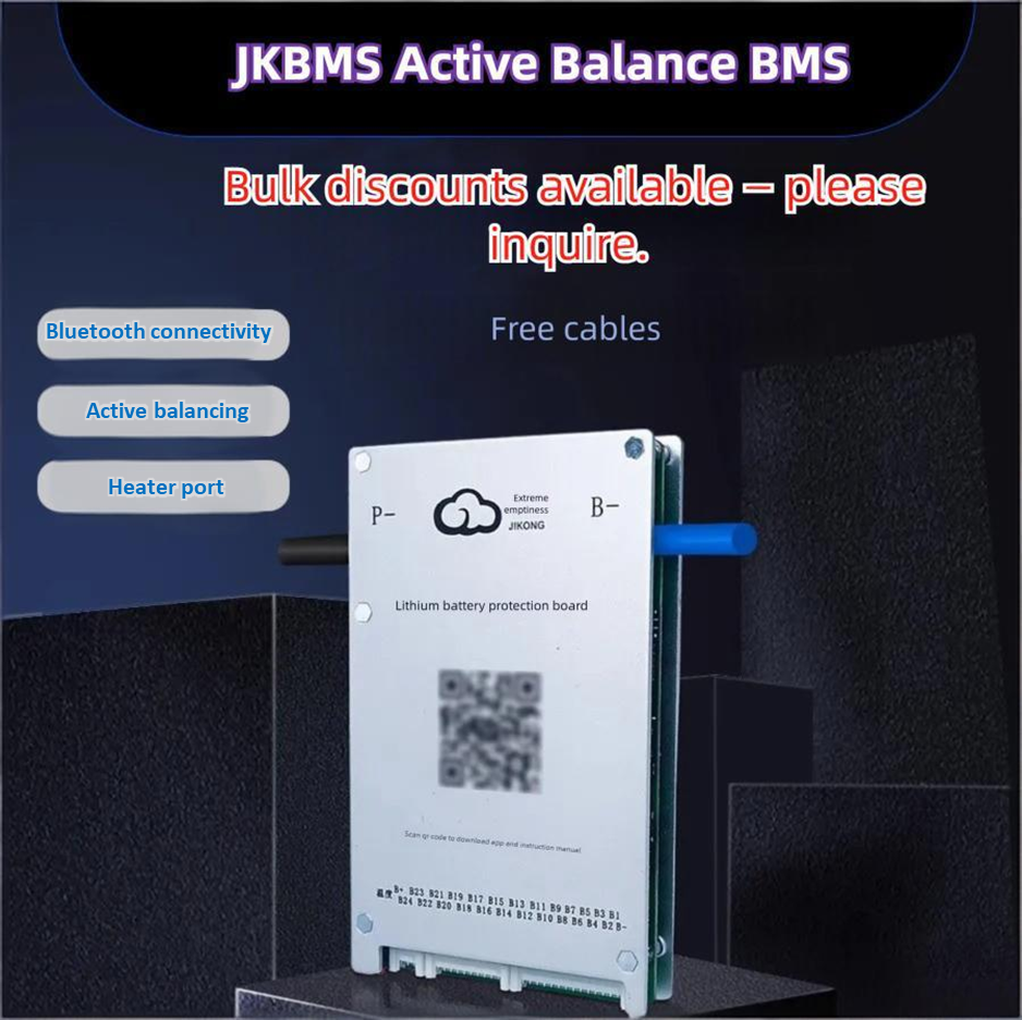 JIKONG BMS with active balancing and Bluetooth, for LiFePO4 / ternary lithium batteries, photovoltaic energy storage power, and parking applications.