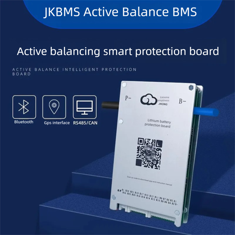JIKONG BMS with active balancing and Bluetooth, for LiFePO4 / ternary lithium batteries, photovoltaic energy storage power, and parking applications.