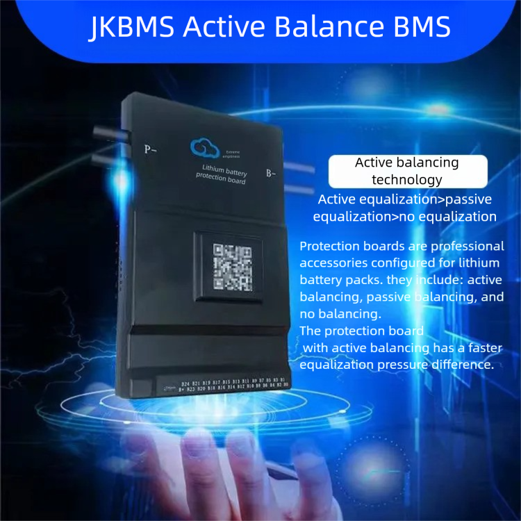 JIKONG BMS with active balancing and Bluetooth, for LiFePO4 / ternary lithium batteries, photovoltaic energy storage power, and parking applications.