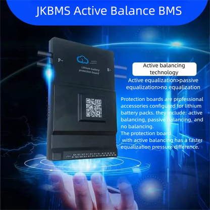 JIKONG BMS with active balancing and Bluetooth, for LiFePO4 / ternary lithium batteries, photovoltaic energy storage power, and parking applications.